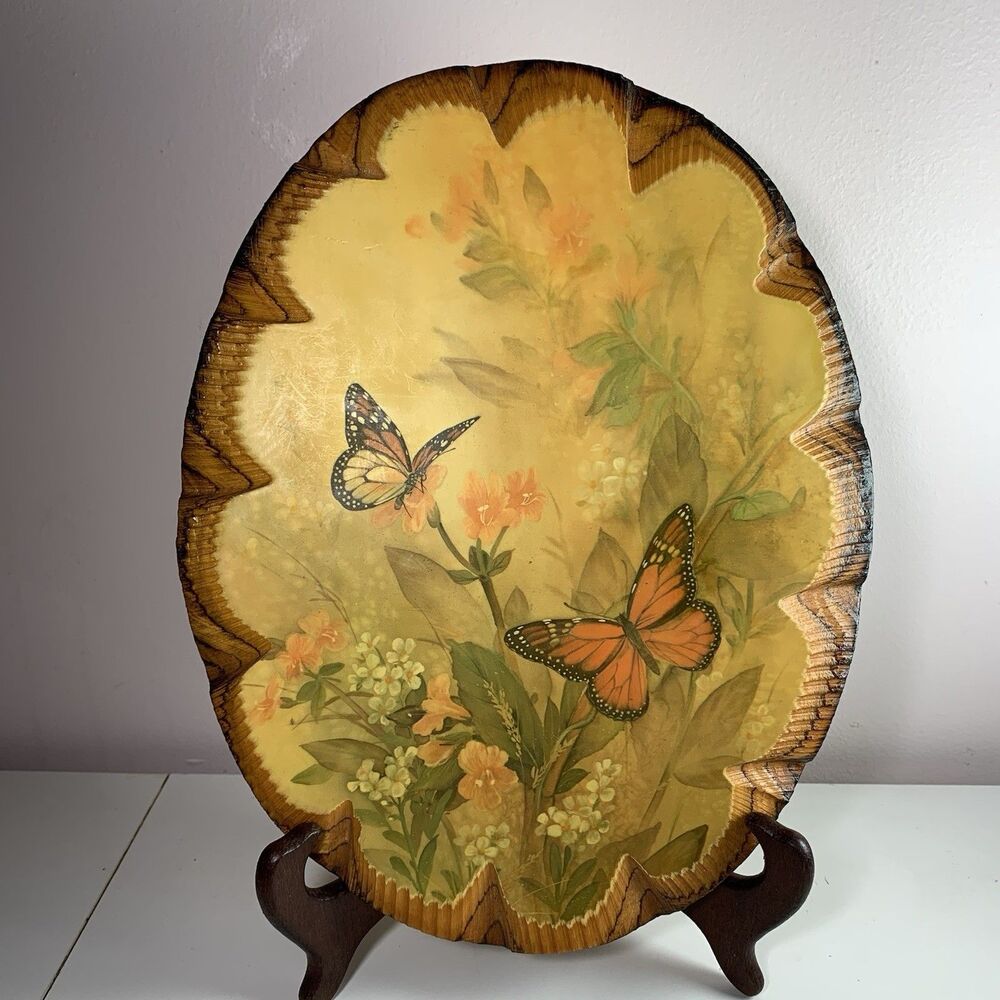 Vintage Wood Wall Plaque Butterfly Floral Sign 1970s Decopauge MCM Carved Edge